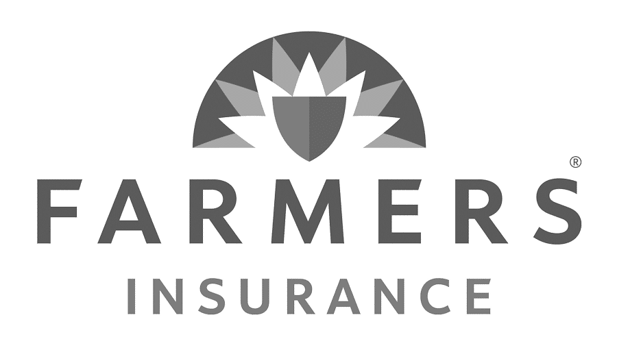 Logo featuring a stylized shield and sunburst with text "Farmers Insurance" below. Design is in grayscale, conveying professionalism and protection.